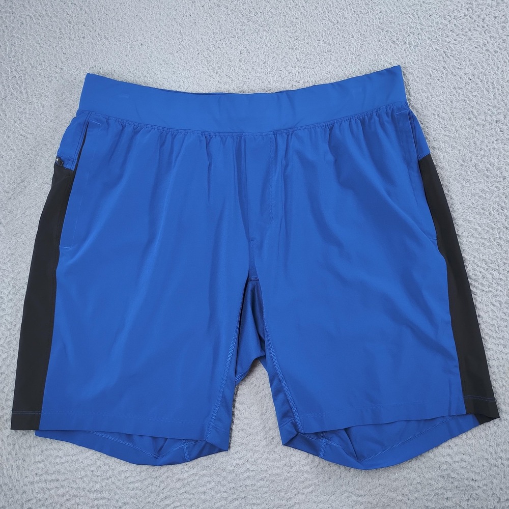 Lululemon Shorts Mens 2XL Blue Black Zip Pocket Drawstring Running Gym Athletic